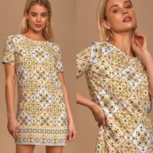 Lulus Dandelion‎ Print Yellow Shift Dress Size XS Short Sleeves Mini Floral Boho - Picture 2 of 12